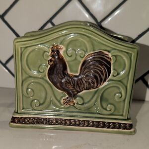 Cracker Barrel Green Ceramic Rooster Napkin Holder